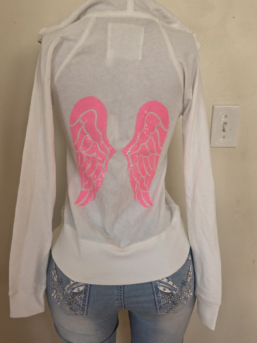 Victoria's Secret White Hoodie with Pink Sequin Angel Wings